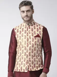 DEYANN Men Cream-Coloured & Maroon Printed Woven Nehru Jacket