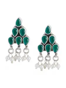 ahilya Silver-Toned & Green Triangular Drop Earrings