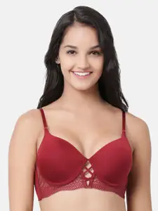 Enamor Red Solid Underwired Lightly Padded T-shirt Bra F040