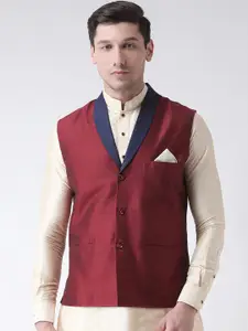 Deyann Men Maroon Solid Dupion Silk Nehru Jacket