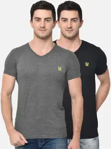 MACK JONNEY Men Pack Of 2 Grey & Black Solid V-Neck T-shirt