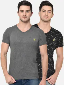 MACK JONNEY Men Pack Of 2  Grey Black Solid V-Neck T-shirt