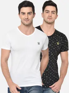 MACK JONNEY Men Pack Of 2 Black & White Solid V-Neck T-shirt