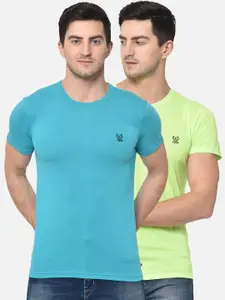 MACK JONNEY Men  Pack of 2 Blue & Lime Green Solid Round Neck T-shirt