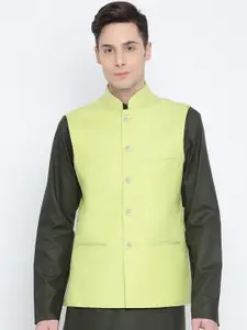 NAMASKAR Men Green Solid Regular-Fit Pure Cotton Nehru Jacket