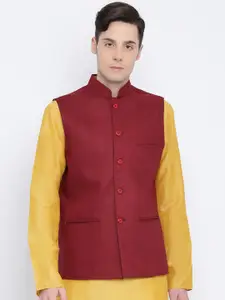 NAMASKAR Men Maroon Solid Woven Pure Cotton Nehru Jacket