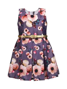 Wish Karo Girls Purple & Peach-Coloured Floral Print Silk Satin A-Line Dress with Belt