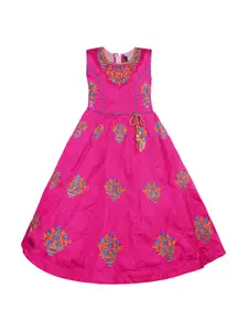 Wish Karo Girls Pink Embroidered Silk Satin Finish Maxi Dress
