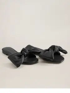 MANGO Women Black Bow-Detail Open Toe Flats