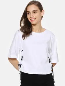 Campus Sutra Women White Solid A-Line Pure Cotton Top