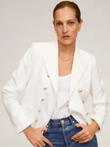 MANGO Women White Solid Double-Breasted Casual Blazer