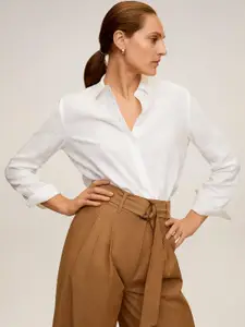 MANGO Women White Regular Fit Solid Linen Casual Shirt
