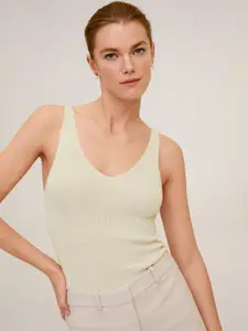MANGO Women Off-White Ribbed Fitted Top