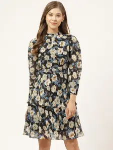 20Dresses Women Black & Beige Layered Floral Print A-Line Dress