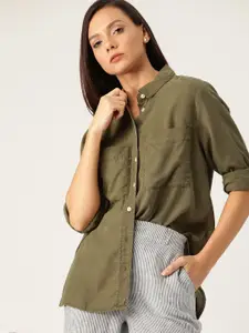 MANGO Women Olive Green Regular Fit Solid Casual Shirt