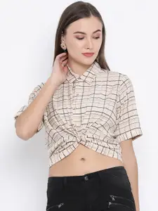 ZOELLA Women Beige & Black Checked Shirt Style Crop Top