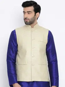 NAMASKAR Men Beige Embellished Woven Nehru Jacket