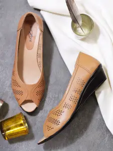 Shezone Women Beige Laser Cut Peep Toe Heels