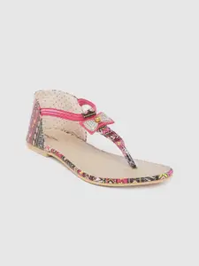 Shezone Women Pink & Black Printed T-Strap Flats