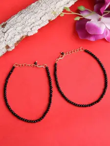Blueberry Set of 2 Black Gold-Plated Beaded Handcrafted Anklets
