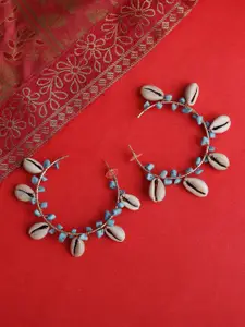 Blueberry Blue & Off-White Gold-Plated Handcrafted Beaded Cowry Detail Half Hoop Earrings