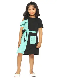 Stylo Bug Girls Black & Green Colourblocked Fit and Flare Dress