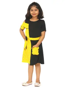 Stylo Bug Girls Black & Yellow Colourblocked Fit and Flare Dress