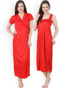 Fasense Red Maxi Nightdress with Robe GT004F2