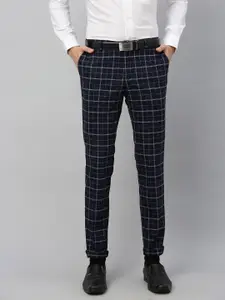 Blackberrys Men Navy Blue & White B-91 Narrow Fit Checked Formal Trousers