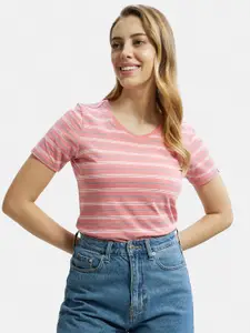 Jockey Women Peach-Coloured & White Striped V-Neck T-shirt