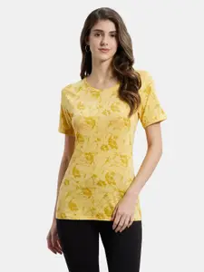 Jockey Women Yellow Printed Round Neck T-shirt