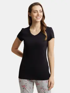 Jockey Women Black Solid Relaxed Fit V-Neck Lounge T-shirt
