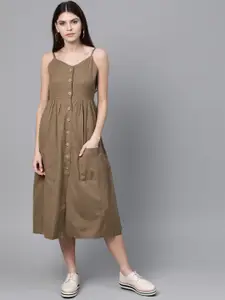 SASSAFRAS Women Olive Brown Solid A-Line Dress