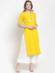 Varanga Women Yellow Embroidered Straight Kurta