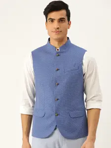 Blackberrys Men Blue & White Slim Fit Woven Design Nehru Jacket