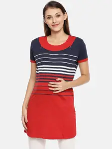 GOLDSTROMS Women Red & Navy Blue Striped Round Neck T-shirt