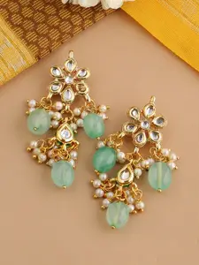 Shoshaa Sea Green & Off-White Gold-Plated Kundan-Studded & Beaded Classic Drop Earrings