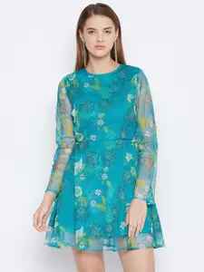 DODO & MOA Women Blue & Yellow Floral Net Printed Fit and Flare Dress