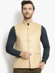 Vastraa Fusion Men Beige Solid Woven Nehru Jacket