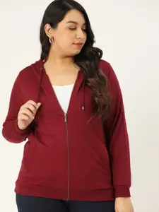 Sztori Women Plus Size Maroon Solid Hooded Sweatshirt