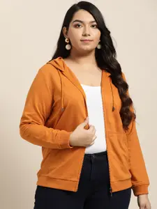 Sztori Women Plus Size Coral Orange Solid Hooded Sweatshirt