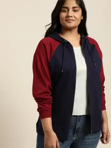 Sztori Women Navy Blue Solid Plus Size Hooded Sweatshirt