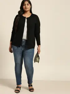 Sztori Women Black Solid Plus Size Cardigan Sweater