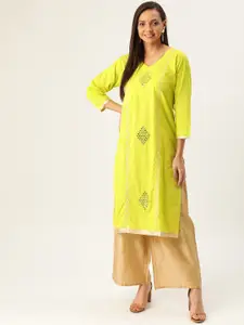 Varkha Fashion Women Lime Green & Golden Embroidered Straight Kurta