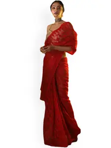 Aryavart Red Cotton Blend Woven Design Jamdani Saree