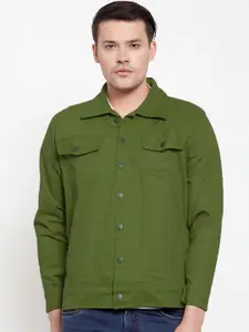 VOXATI Men Olive Green Solid Denim Jacket