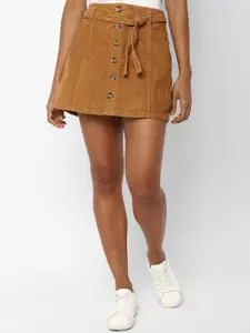 AMERICAN EAGLE OUTFITTERS Women Tan Brown Solid A-Line Mini Corduroy Skirt