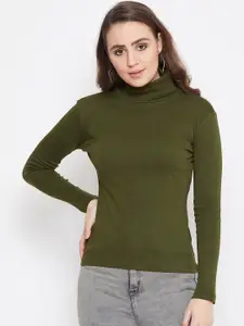 Hypernation Women Olive Green Solid Turtle Neck Pure Cotton T-shirt
