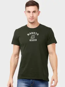 Free Authority Men Olive Green Naruto Printed Round Neck Cotton T-shirt