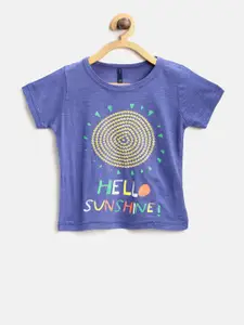 YK Girls Blue Printed Round Neck T-shirt